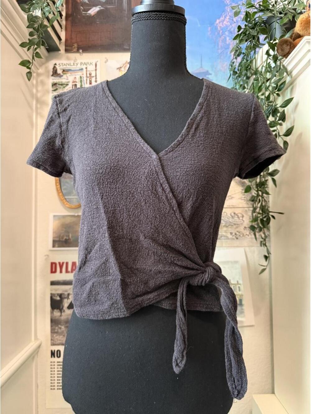 Madewell Texture & Thread Charcoal Gray Wrap Tie Top